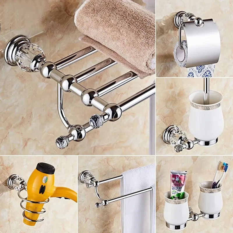 หรูหราคริสตัลเงินอุปกรณ์ห้องน้ําชุดทองเหลืองขัดเงาชุดฮาร์ดแวร์อาบน้ําติดผนังห้องน้ําผลิตภัณฑ์ banheiro 1