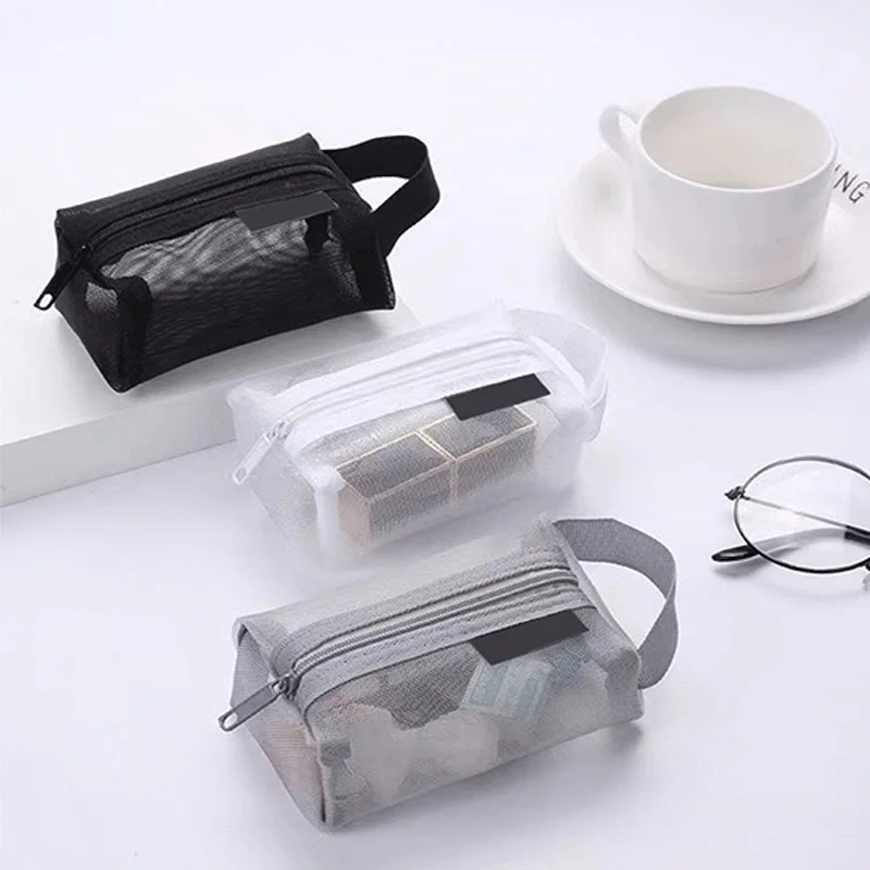 

1PC Large Capacity Storage Bags Portable Square Cosmetics Stationery Earphones Mesh Zipper Pouch Coin Purse Travel Supplies