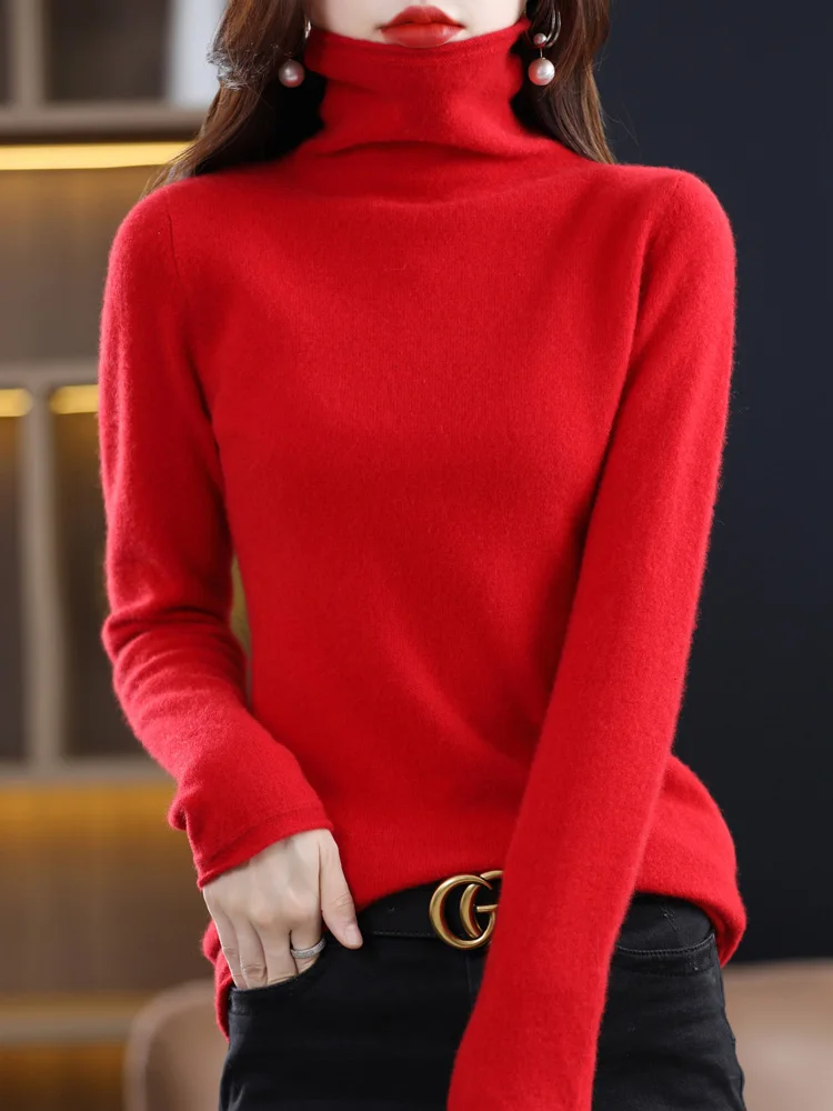 Fashion Basic Long Sleeve Pullover Autumn 100% Merino Wool Sweater Turtleneck Cashmere Women Knitted Clothing Tops