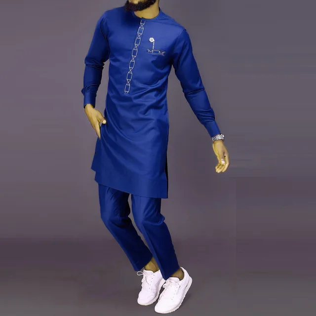 Ahmed African Kaftan Embroidery Long Sleeve Shirt Tops Trousers - Image 4