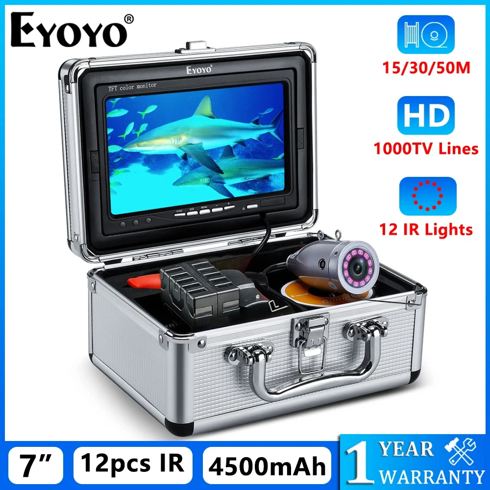Eyoyo EF07 Underwater Fish Finder Kit With 12pcs IR Fishing Camera,15/30/50M Cable,7 Inch Monitor,Aluminum Carry Case Waterproof