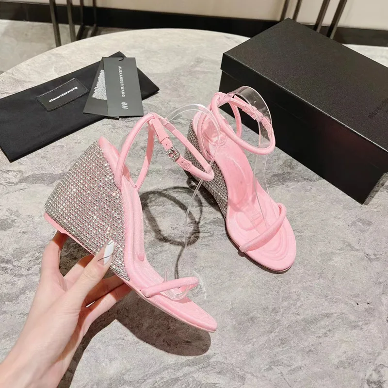 

Rhinestone Sandals Women's Summer High-Heeled Sandals Fashion New 2023 Round Toe Buckle Wedge High-Heeled Chic Women's Shoes