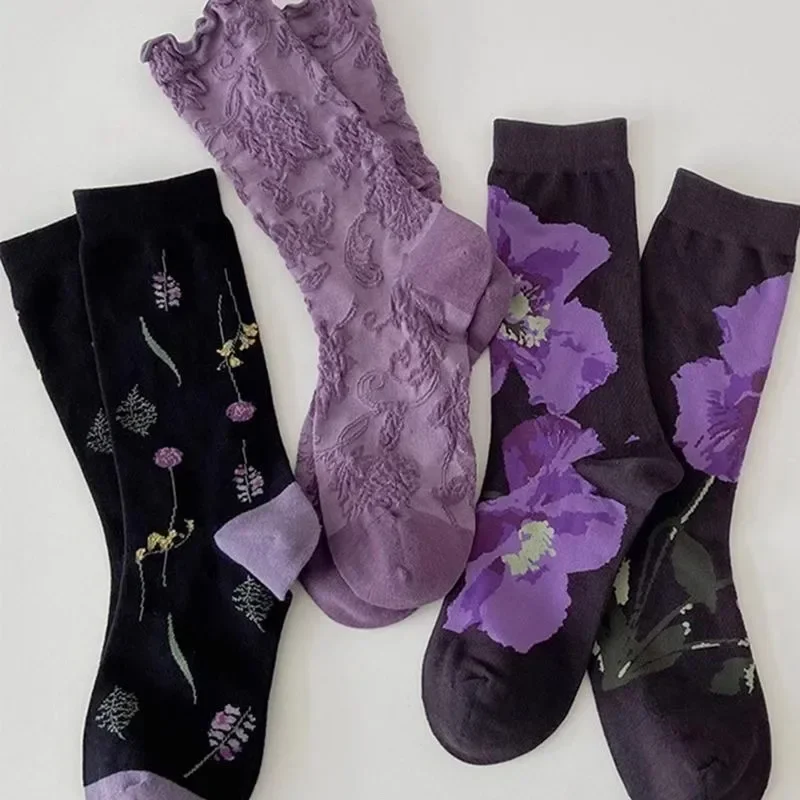 

INS New Mori Girl Light Purple Black Floral Heart Cotton Japanese Korean Chic Tube Socks Preppy Style Harajuku Kawaii Socks