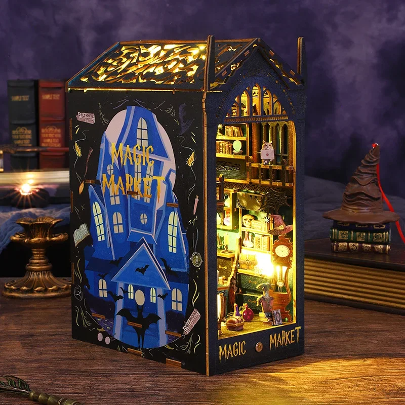 

Wooden Handmade DIY Book Nook Kit Dollhouse Bookshelf 3D Wooden Doll House Miniature Booknook Kit Magic House Children's Gifts