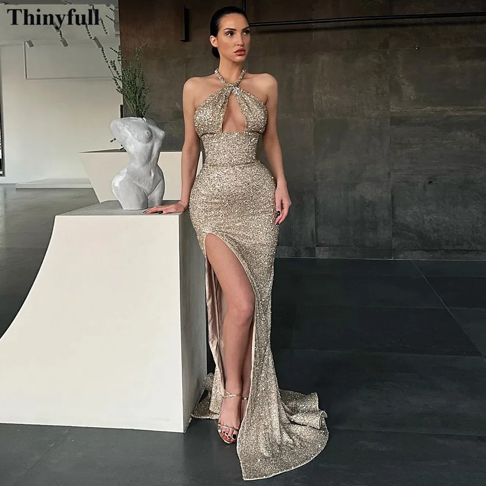 

Thinyfull Shiny Sequines Mermaid Prom Dresses Halter Formal Evening Dress Sky Hole Saudi Spit Prom Gowns 2022 Women Party Dress
