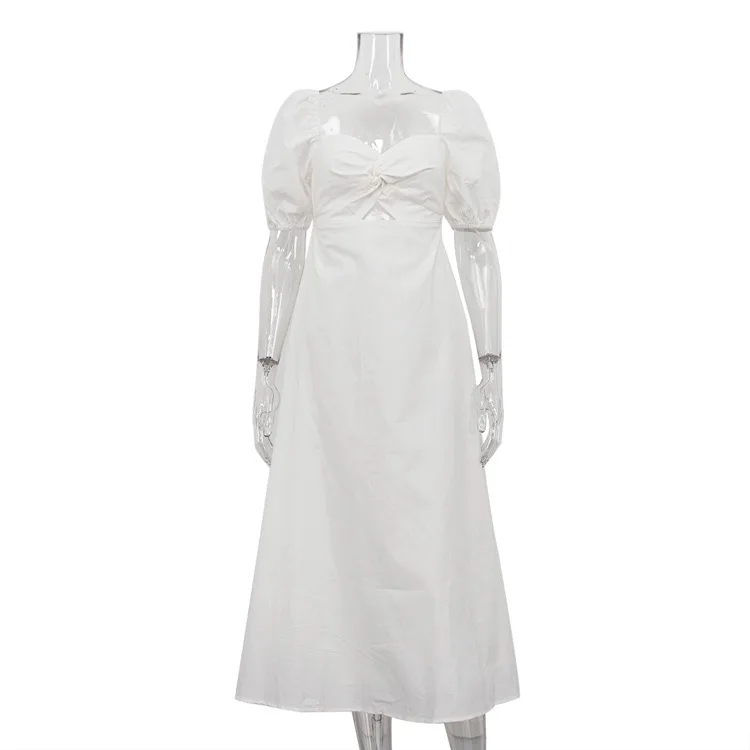 Square Neck Hollow Out White Long Dress For Women Twist Fashion Short Sleeve High Waist Autumn Party Dress Women's Clothes