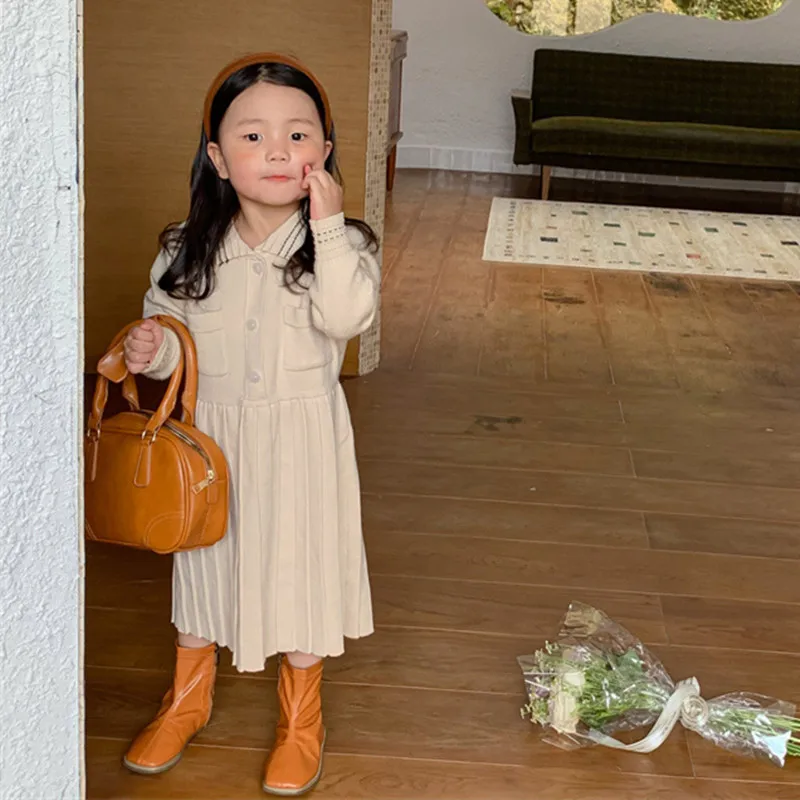 

2022 Autumn Girls Woolen Knitted Dress Baby Girls Cute Turn-down Collar Long Sleeve Dresses Kids Sweaters
