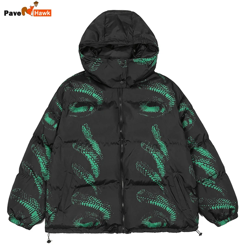 

Mens Hip Hop Hooded Parkas Snake Print Oversize Padded Bomber Thicken Jacket Cotton Harajuku Winter Warm Down Jackets Outwear