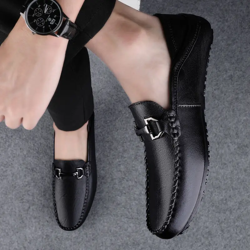 Flat Moccasin Square Toe Men's Leather Shoes Dress Business Formal Male Casual Shoe Loafers Soft Elegant Designer