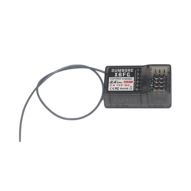 Récepteur RC 6 canaux Flysky X6F/X6FG/X6DC/X6DCG avec gyroscope, montrant les connecteurs et le boîtier noir.