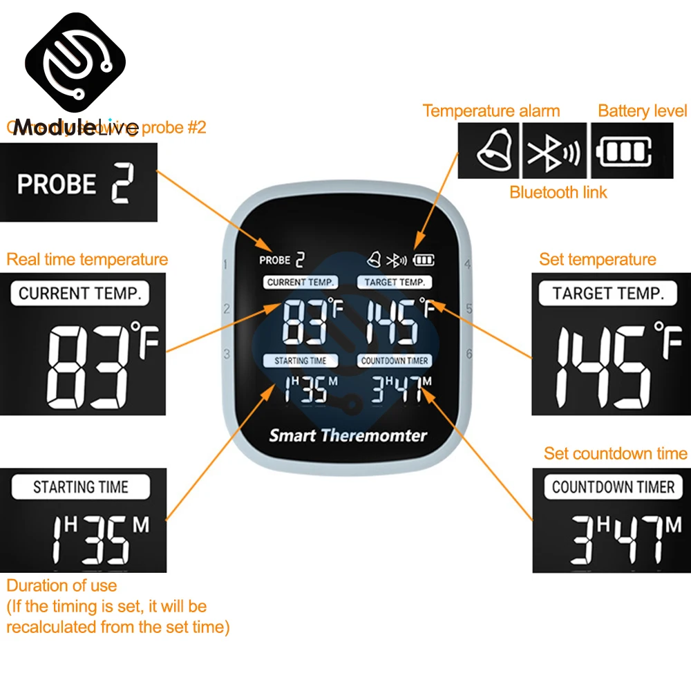 

Digital Backlight 6 Probe BBQ Oven Meat Grill Cooking Kitchen Thermometer Wireless Smart Bluetooth Grill Temperature Meter 300℃