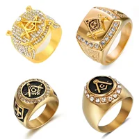 Vintage Gold Color Masonic Freemasonry Rings for Men Inlay Rhinestone Luxury Mysticism Jewelry  Punk Rock Stainless Steel Gifts 1