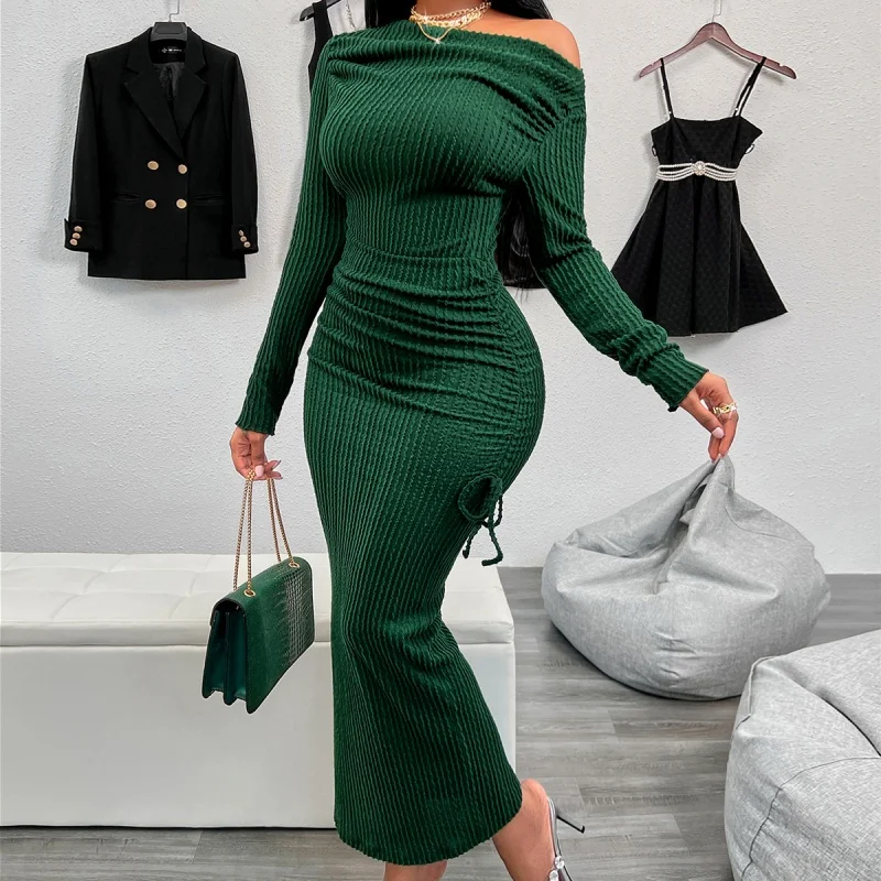 

SHAN-Independent Station Hot Sale Spring and Summer Leisure Sexy Style Oblique Shoulder Long Sleeve Dress Women's Winter Hip Ski