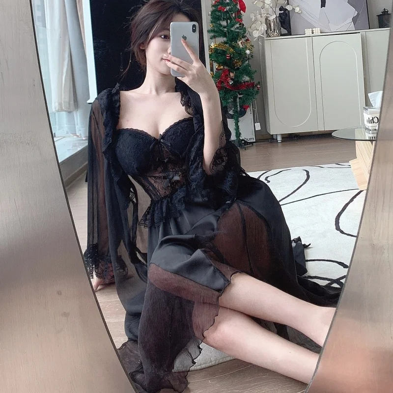 Summer Long Wedding Twinset Robe Set Nightgown Patchwork Lace Suspender Nightdress Bathrobe Gown Loose Silk Satin Home wear