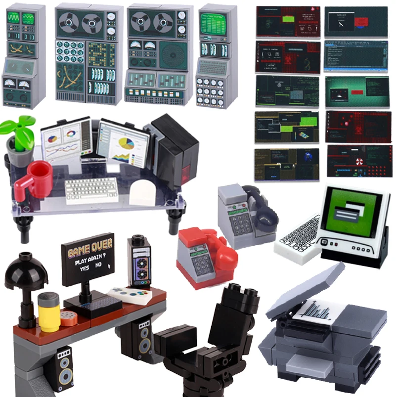 City Game Computer Building Blocks Copier Office Scene  Landlines Screen Printed Tiles Electronic Brain Bricks Toys Children