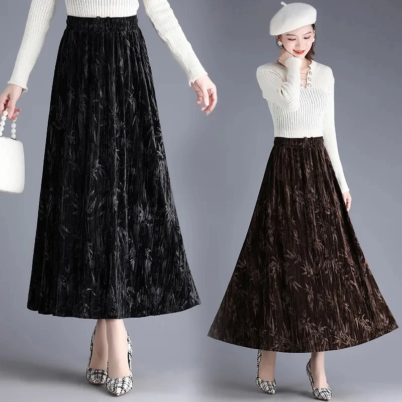 

2023 New Elegant Retro Slim Printed Velvet Skirt For Women Clothing Autumn Winter Skirts Elastic High Waisted A-line Skirt 164