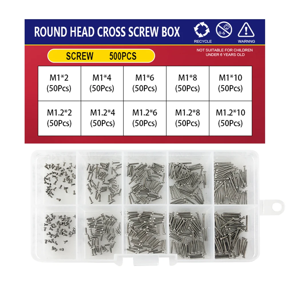 M1 M1.2 M1.4 M1.6 M2.5 M3 Metric Thread Machine Bolt Phillips Round Head Cross Screw Box Set 304 Stainless Steel Assortment Kit
