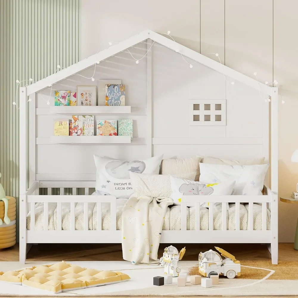 Twin Size House Bed with Storage Shelves and Fence,Sparkling Light Strip on The Roof for Children Teens Adults 3