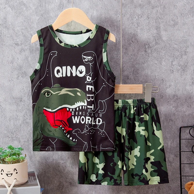 2-Piece Boy Summer Fun Printing Set Children's Casual Joker Camo Dinosaur Vest Girl Fashion Holiday Comfort Shorts T-shirt Set 1