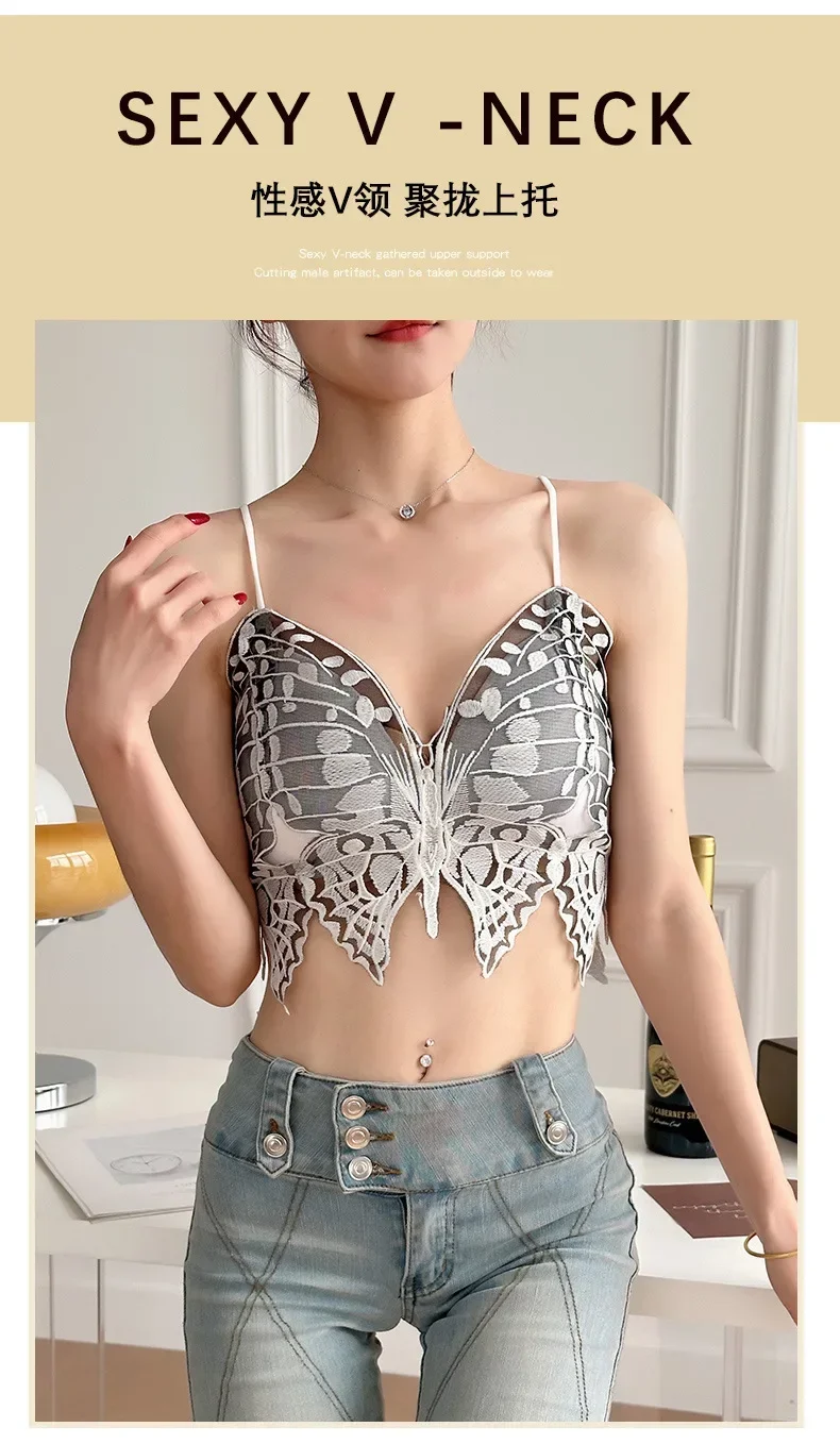Description Picture 3 of itemNew Butterfly Embroidery Camisoles Sexy Lace Tube Top Embroidered Water-soluble Flower Inner Wear Butterfly Beautiful Back Tanks