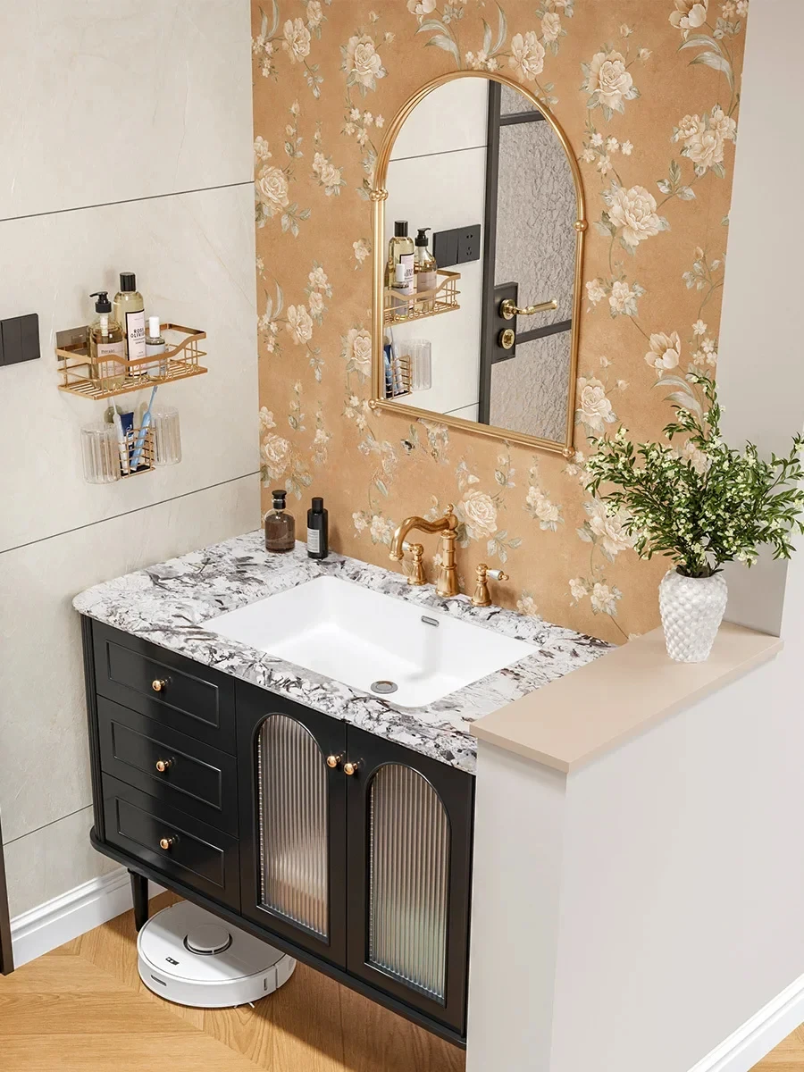 Natural Luxury Stone Ceramic Drop-in Sink French Rubber Wood Bathroom Cabinet Combination Bathroom Table Washbasin