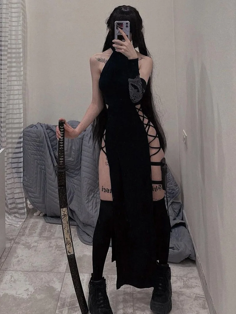 

Goth High Split Sexy Bandage Women Dresses Y2K Gothic Halter Slim Midi Dress Black Grunge Style Summer Hollow Out Party Dresses