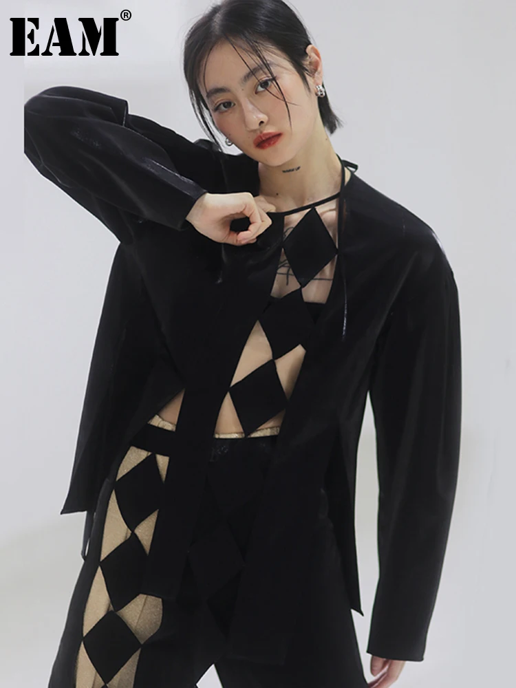 

[EAM] Women Black Hollow Out Bandage Big Size Blouse New O-neck Long Sleeve Loose Fit Shirt Fashion Spring Autumn 2024 1DE4980