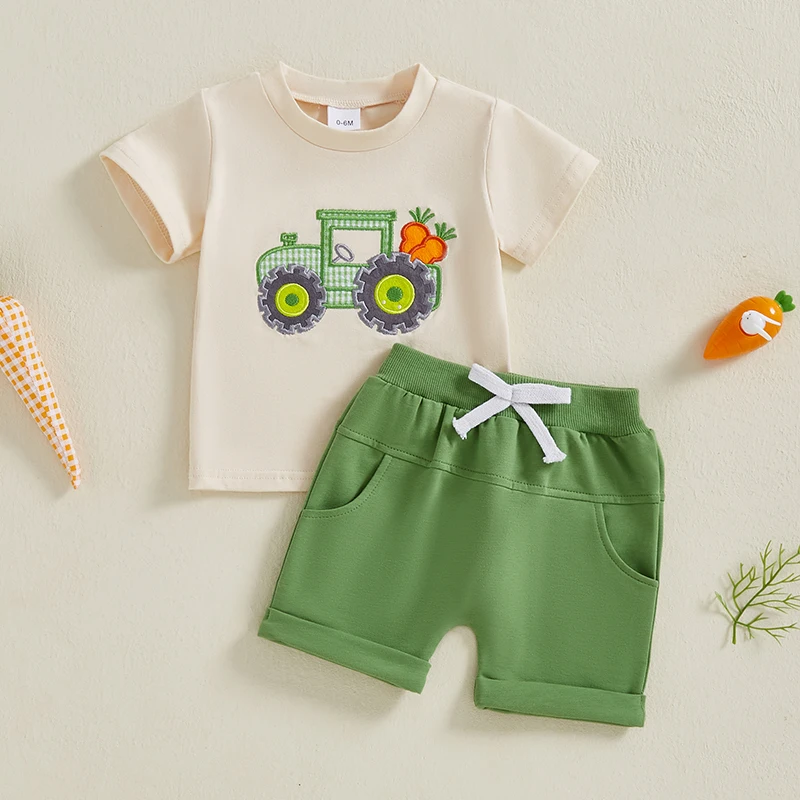Casual Boys Summer Shorts Sets Short Sleeve O Neck Tractor Embroidery T shirt Tops Solid Color Shorts Sets Boys Clothing