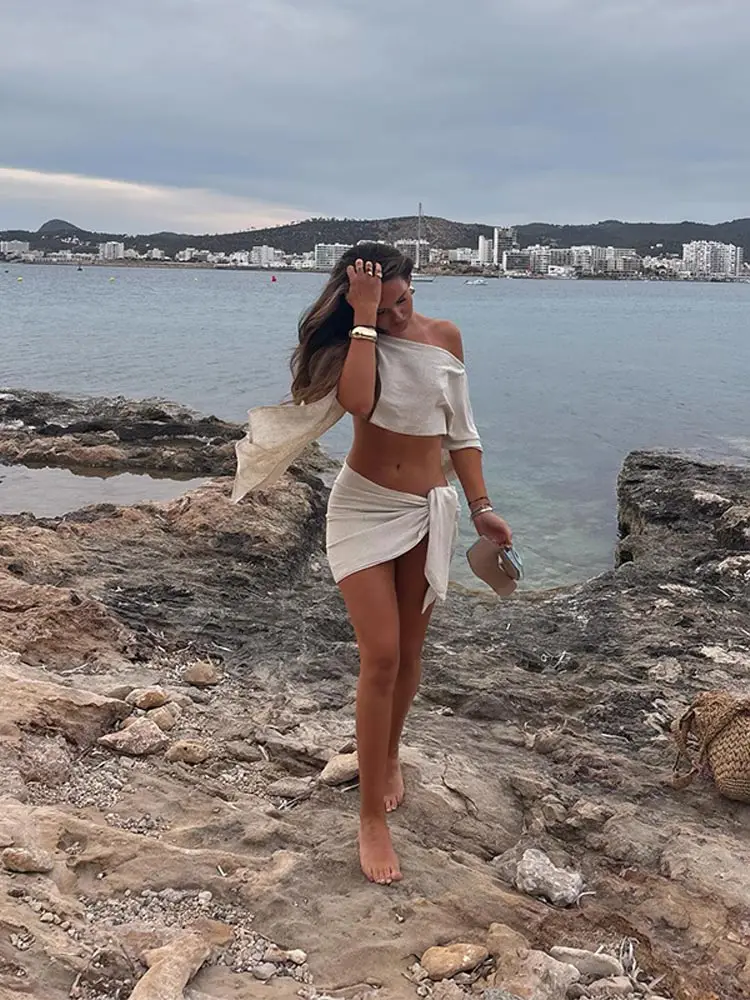 White Elegant Women Summer Vacation Cotton Linen Crop Top 2 Piece Set Fashion White Mini Skirt Suits 2024 New Lady Beach Outfits 6