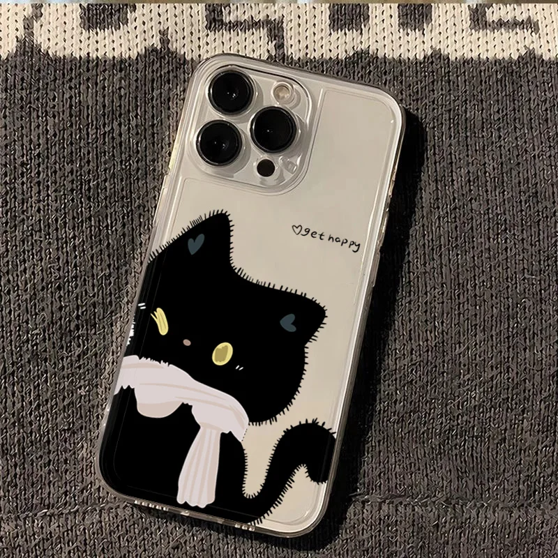 Charming Cartoon Cat Couple Phone Case - Black and White Design