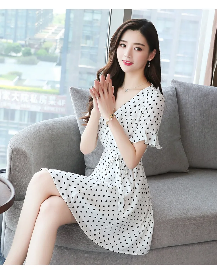 Short Dresses Women 2022 Summer Dresses Woman Casual Chiffon Bandage Sexy Black White Floral Mini Polka Dot Dress V-neck 8595# bodycon dress