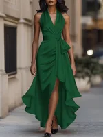 Freeacy Women's Deep V-neck Ruffled Evening Gowns Solid Color Lace-up High Waist Satin Party Dresses Wedding Guests Dress - Image 4
