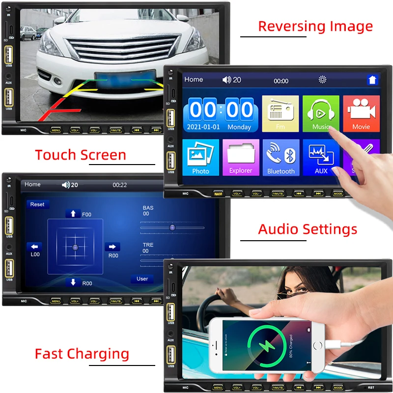 Car Radio 1 Din MP5 Multimedia Player 7" Touch Screen FM Aux Input Bluetooth US