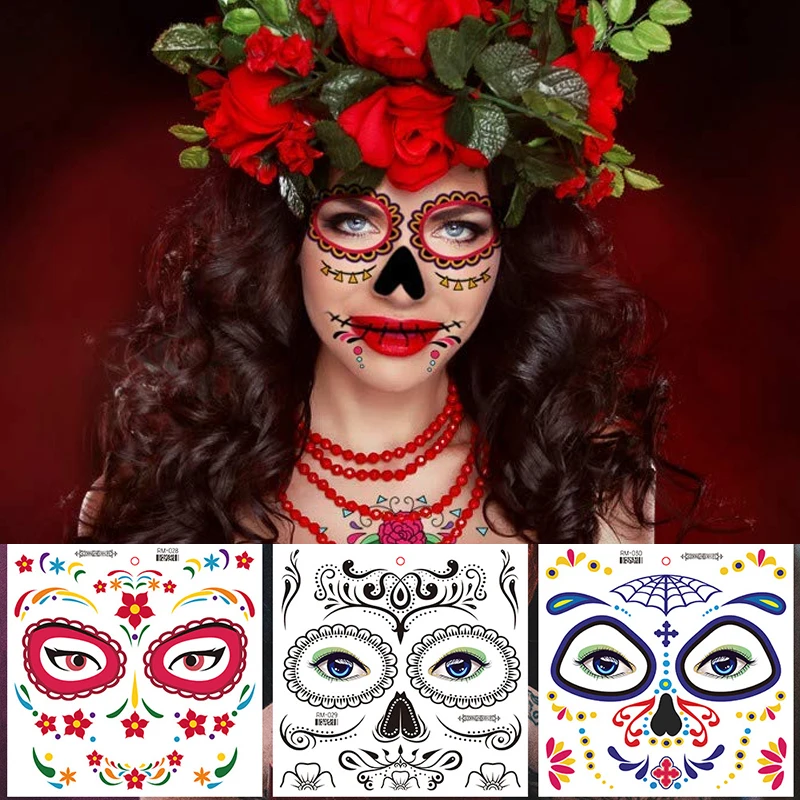 

Halloween Face Tattoo Floral Day Of The Dead Sugar Skull Waterproof Temporary Tattoo Sticker Masquerade Prank Makeup Props