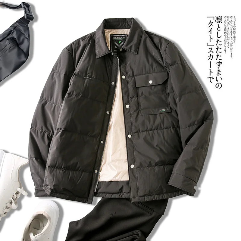 

Winter Harajuku Simple Solid Men Lapel Lightweight Down Jacket Shirt Coat Comfortable and Warm Single Breasted Casual Down Coat