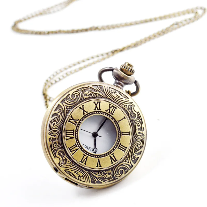 

Vintage Bronze Roman Number Necklace Quartz Pocket Watch Chain Pendant Birthday Christmas Jewelry Gifts for Men Women Friends