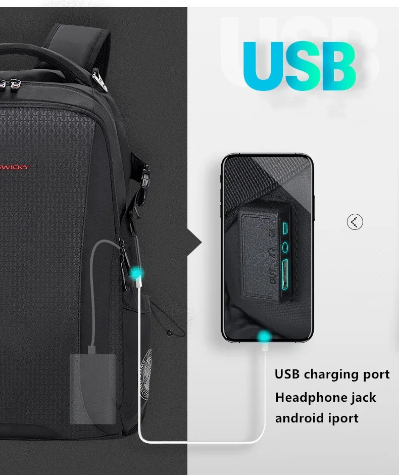SWICKY multifunction leather male Students School bags fashion waterproof travel usb charging 15.6inch laptop backpack men