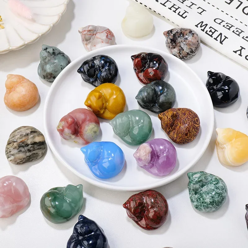 

10pc Sleeping Cat Statue Natural Stone Crystal Carved Healing Animal Figurine Gemstone Crafts Home Desktop Decoration Gifts