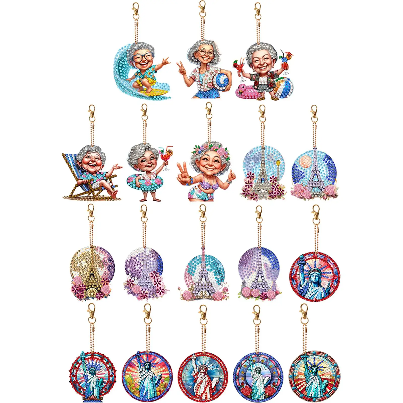 6Pcs Double Side Optimistic Old Lady Diamond Painting Keychain Rhinestone Painting Keychain Pendant for Beginners Adults