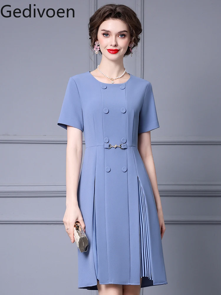 

Женское Короткое платье-трапеция Gedivoen, летнее модельное дизайнерское платье с круглым вырезом, пуговицами и драпировкой, Однотонное голубое повседневное стильное платье мини