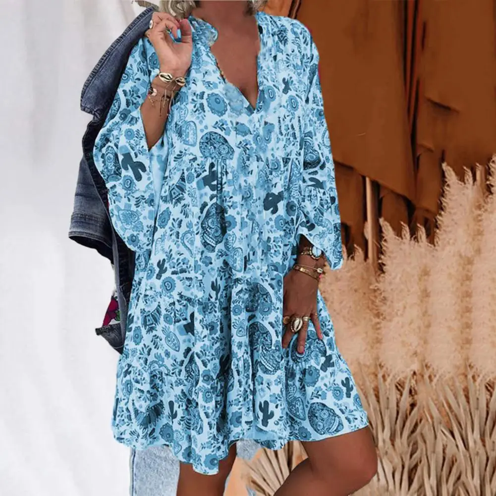 

Beach Dress Retro Print Bohemian Long Sleeve V-Neck Ruffled Hem Large Size Women Dress Summer Vocation Dress Loose Long Dresses