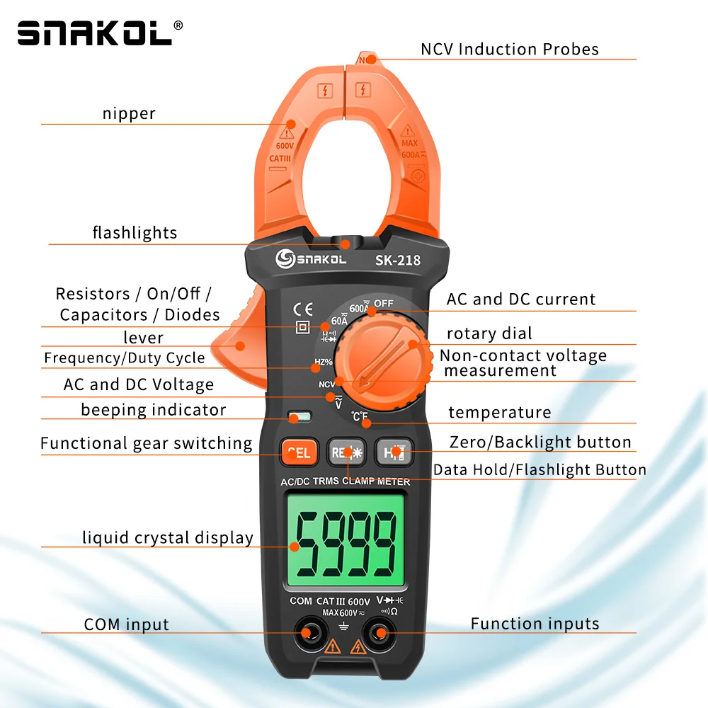 SK218 Digital Clamp Meter 600A AC DC Current True RMS Auto Ran Pliers Ammeter Voltage Voltmeter Professional Electrical Tester Digital Multimeter