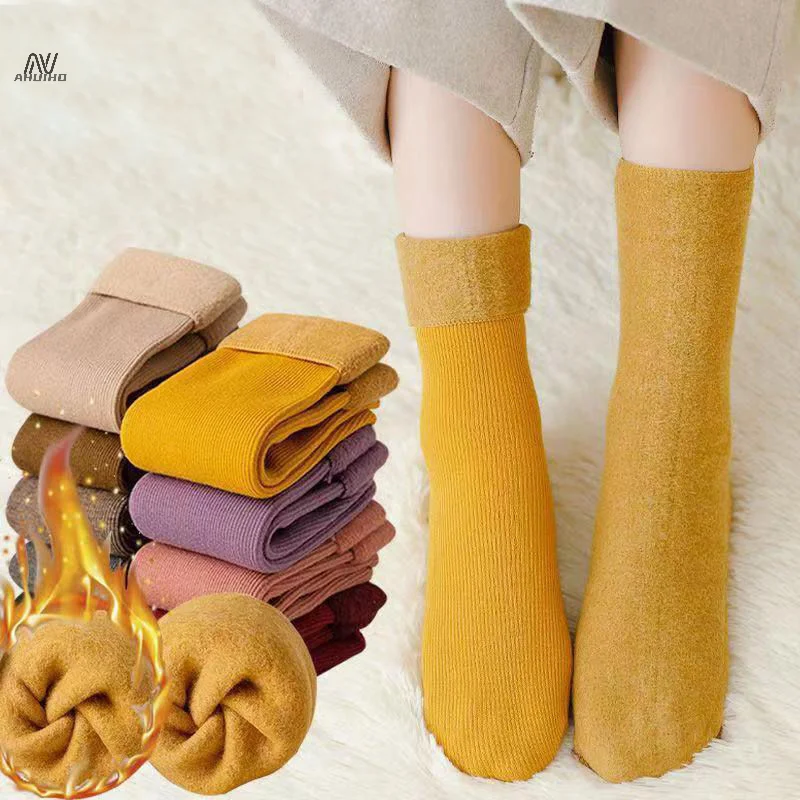 

1Pair Winter Fashionable Warm Solid Color Plus Velvet Vertical Strip Snow Pile Socks