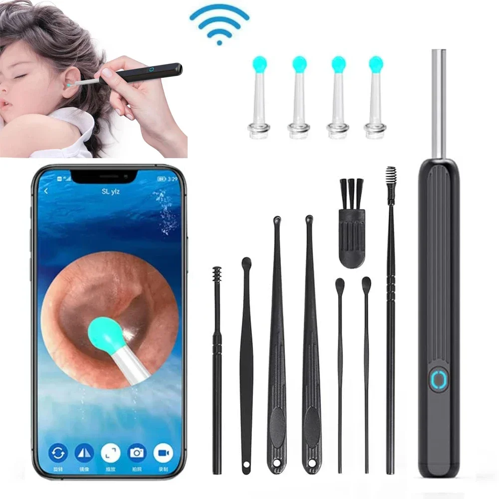 Ear Wax Removal,1296P Ear Cleaning Camera Set, 6 LED Lights Spade Wireless  WiFi Ear-Cleaner Otoscope Tool with 12 Pcs Ear Set