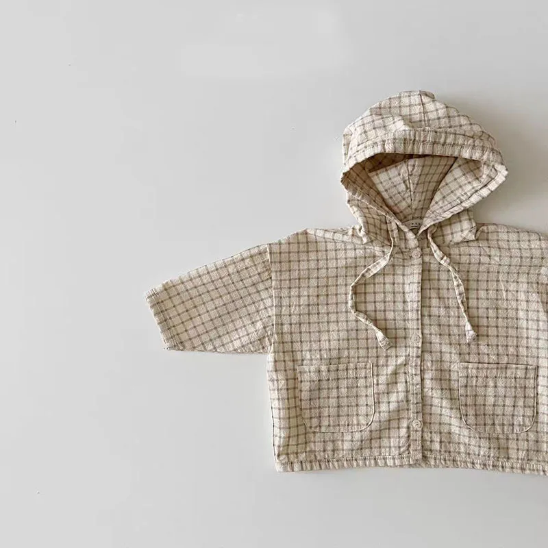 Spring& Summer Girls Fashion Cartoon Sun Protection Clothing Hooded Loose Outwear Coat For Kids Boys Plaid Thin Cardigan
