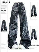 Y2K Baggy Dragon Print Denim Trouser Women's Washed Vintage Casual Emo Pants Grunge Street Retro High Waist Loong Trashy Jeans