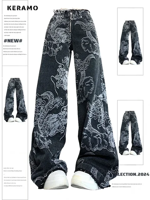 Y2K Baggy Dragon Print Denim Trouser Women's Washed Vintage Casual Emo Pants Grunge Street Retro High Waist Loong Trashy Jeans