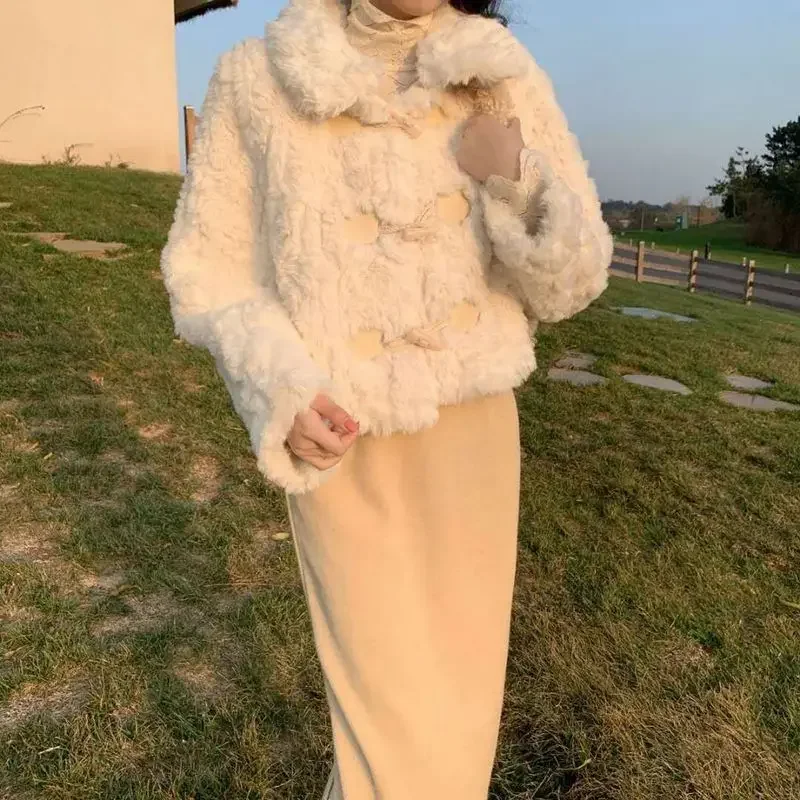 

Winter Women Warm Lamb Wool Plush Coats Jacket Harajuku Style White Loose Faux Fur Coat Thick Fashion Turndown Collar Outerwear