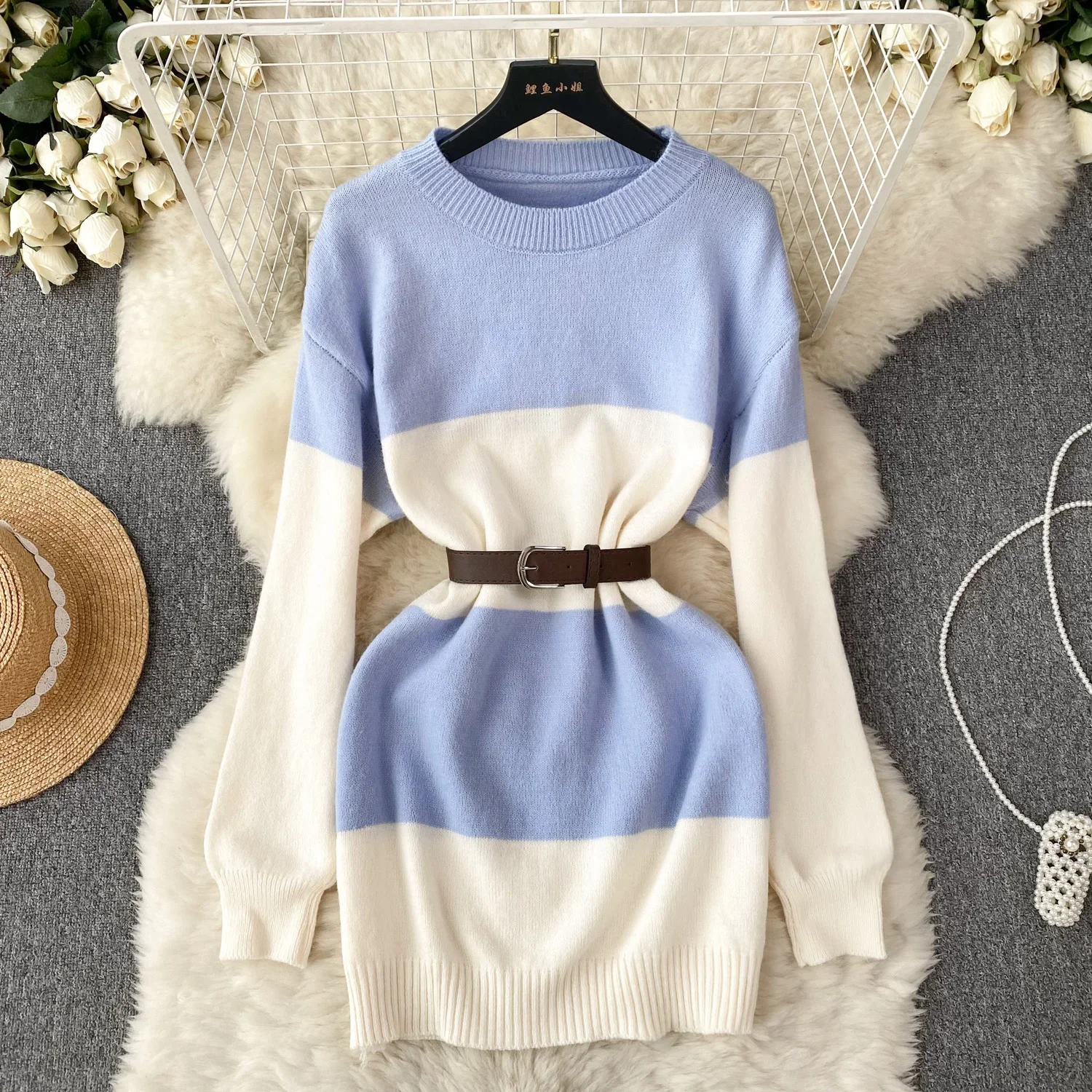 

VANOVICH Temperament Fashion O-neck Knitted Dress Women's Autumn and Winter New Contrast Color Women's Loose Waist Sweater Dress