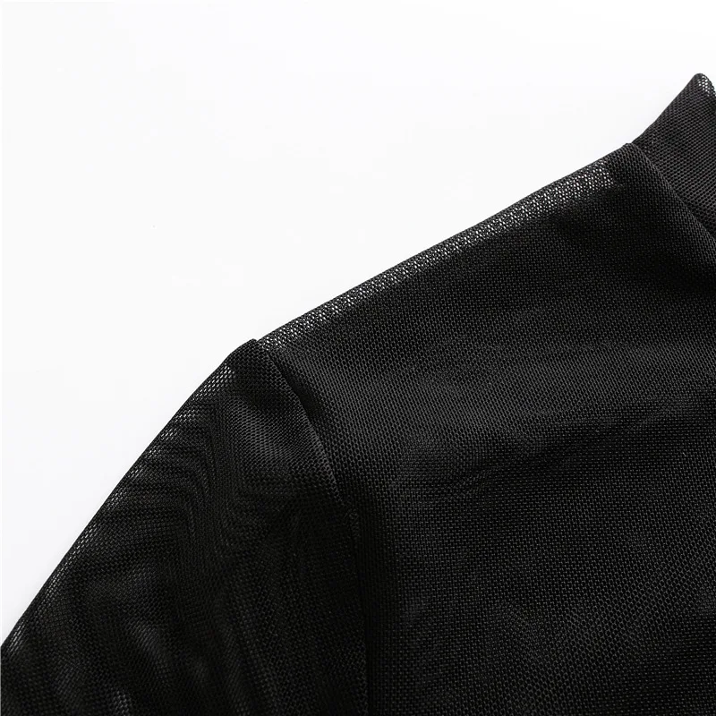 Sexy Women Crop Top Mesh Sleeve T-Shirt Sexy Tops Hollow Out Transparent Tops Ladies T Shirt Black Top Casual T-shirt744_voghion.com